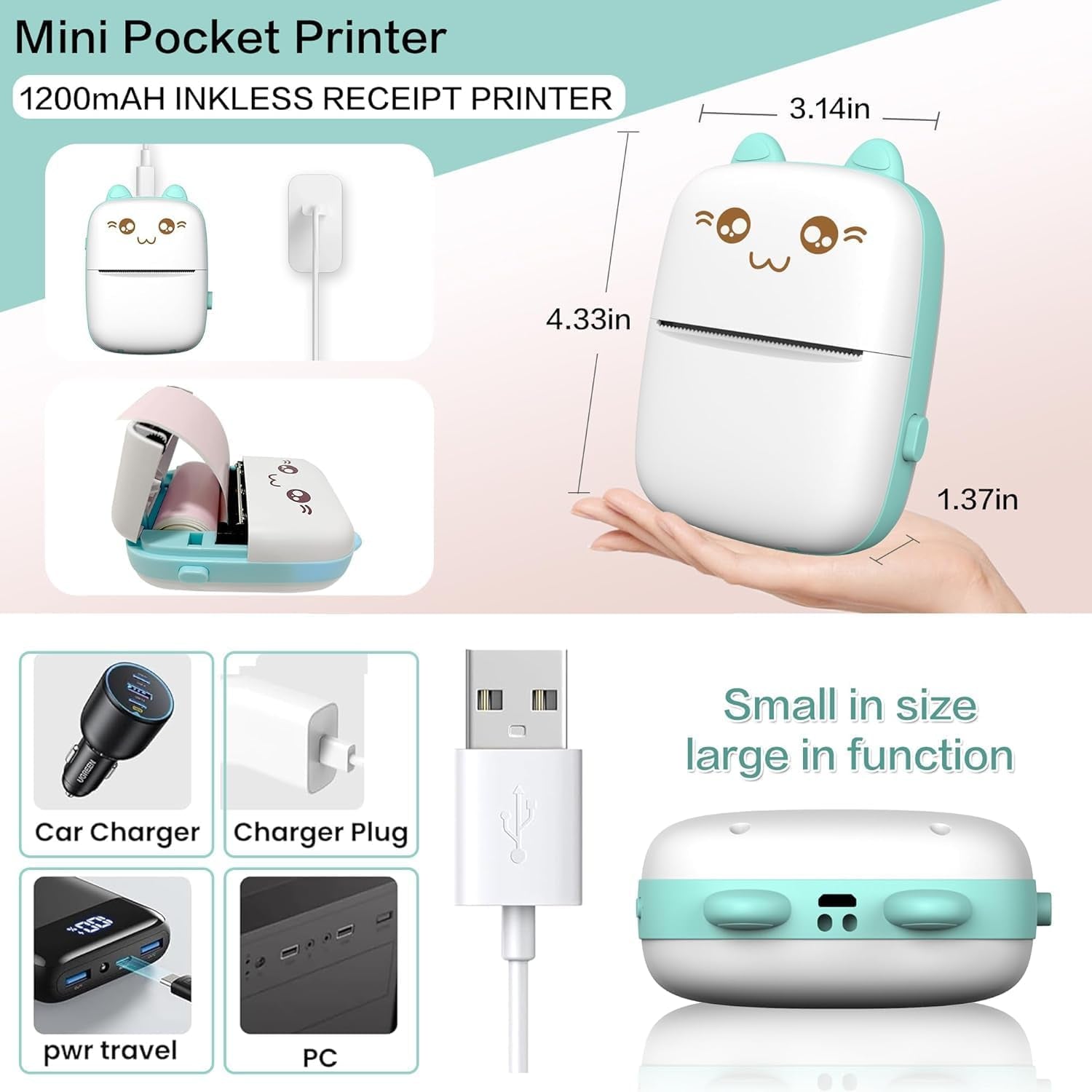 Kawaii Pocket Mini Thermal Printer Kit (8 Rolls Included)